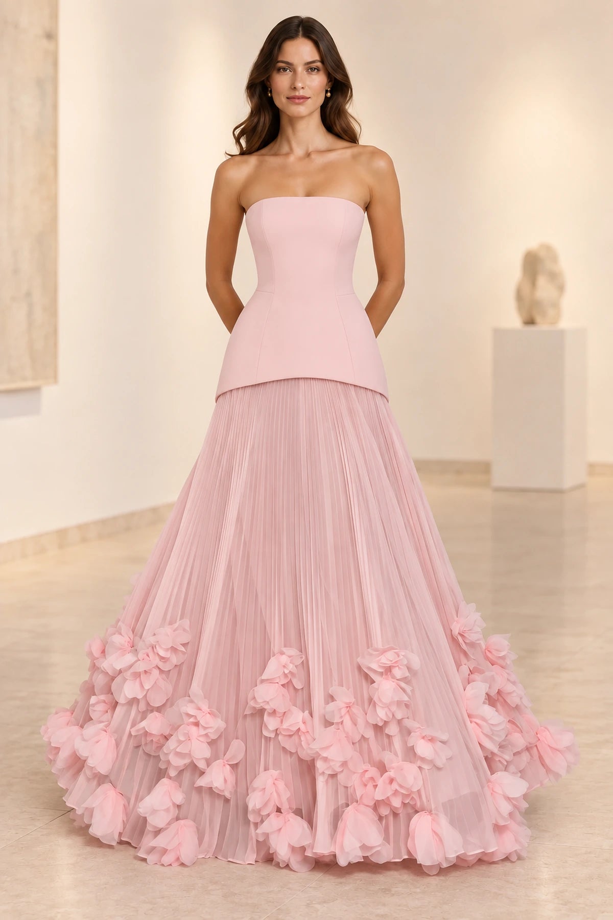 Sophisticated Strapless Corset Lace Up Back Pleated Maxi Prom Dress