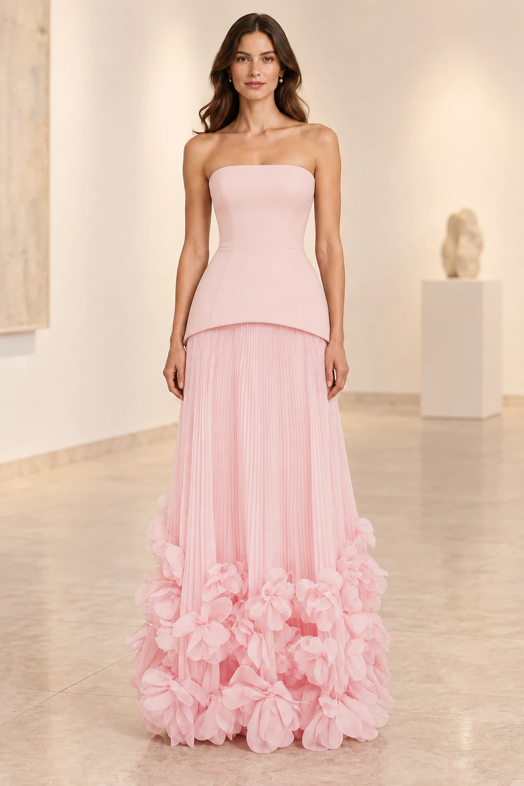 Sophisticated Strapless Corset Lace Up Back Pleated Maxi Prom Dress