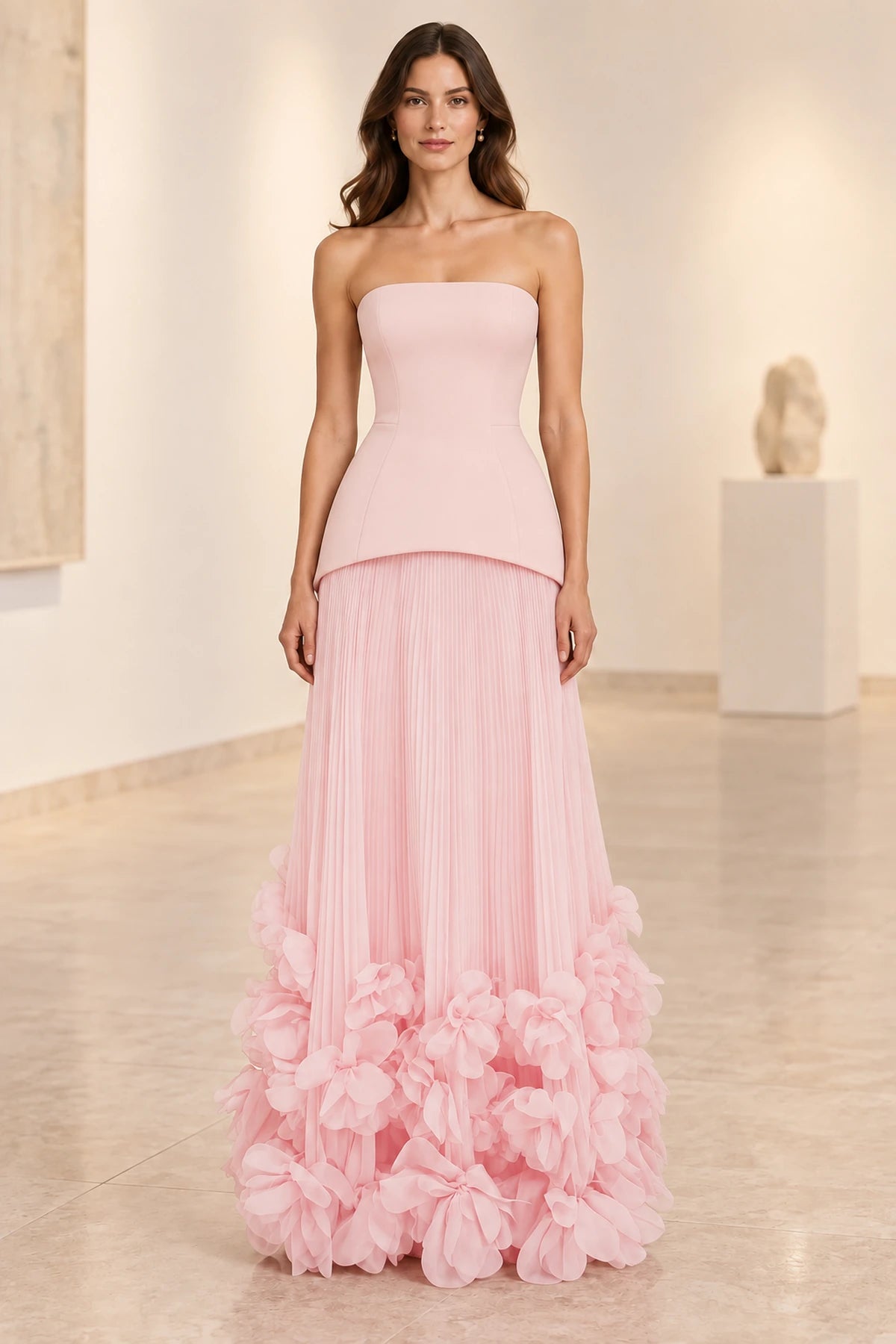 Sophisticated Strapless Corset Lace Up Back Pleated Maxi Prom Dress