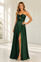 Emerald green sweetheart strapless A-line floor length prom dress with cutout and slit front view