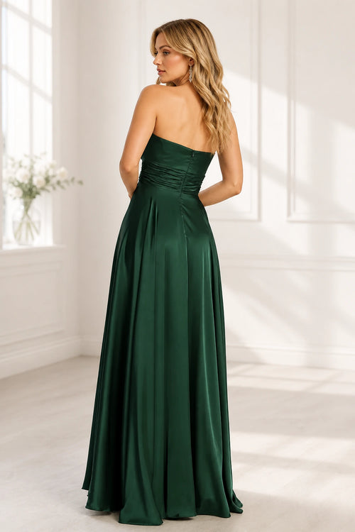 Emerald green strapless ruched zip back floor length prom dress back view