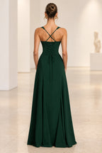 Emerald green lace up back formal prom dress with flowing A line skirt