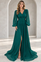 Emerald green mother of the bride dress with V neckline puff sleeves pleated skirt and front slit