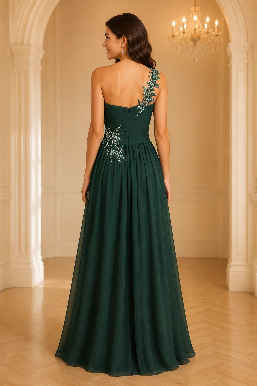 Dark green chiffon formal Dress with rhinestone open back detail