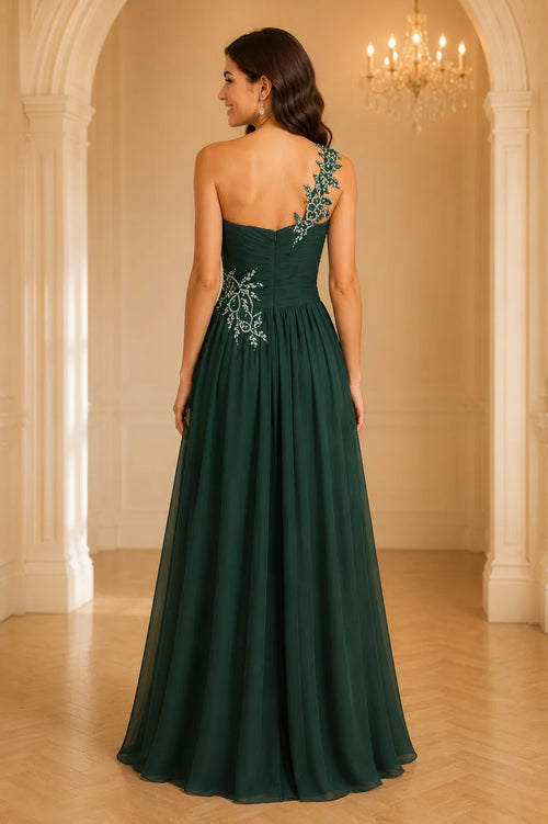 Dark green chiffon formal Dress with rhinestone open back detail