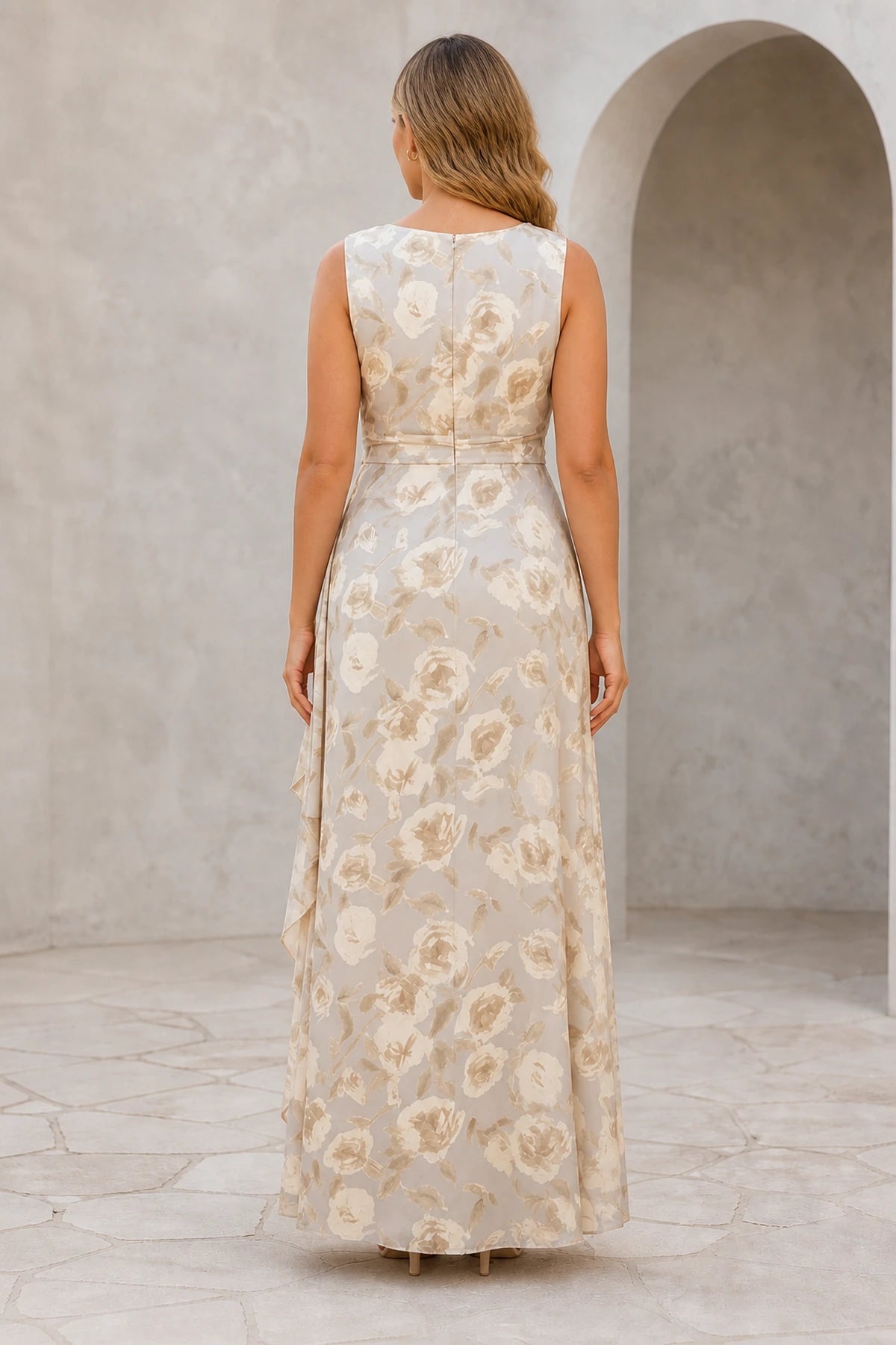 Back view of GraceProm floral sleeveless floor-length wedding guest dress with center zip back