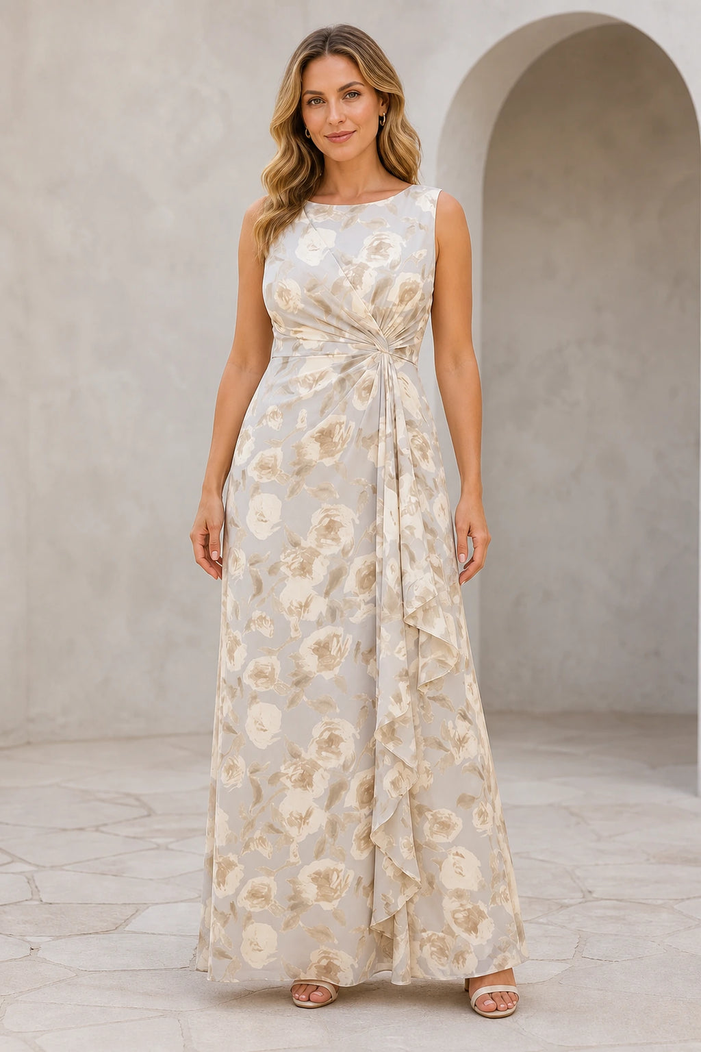 GraceProm floral bateau sleeveless floor-length wedding guest dress with draped waist and cascading side ruffle