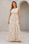 GraceProm floral bateau sleeveless floor-length wedding guest dress with draped waist and cascading side ruffle