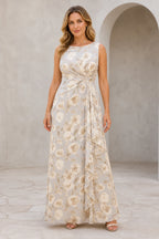 GraceProm floral bateau sleeveless floor-length wedding guest dress with draped waist and cascading side ruffle