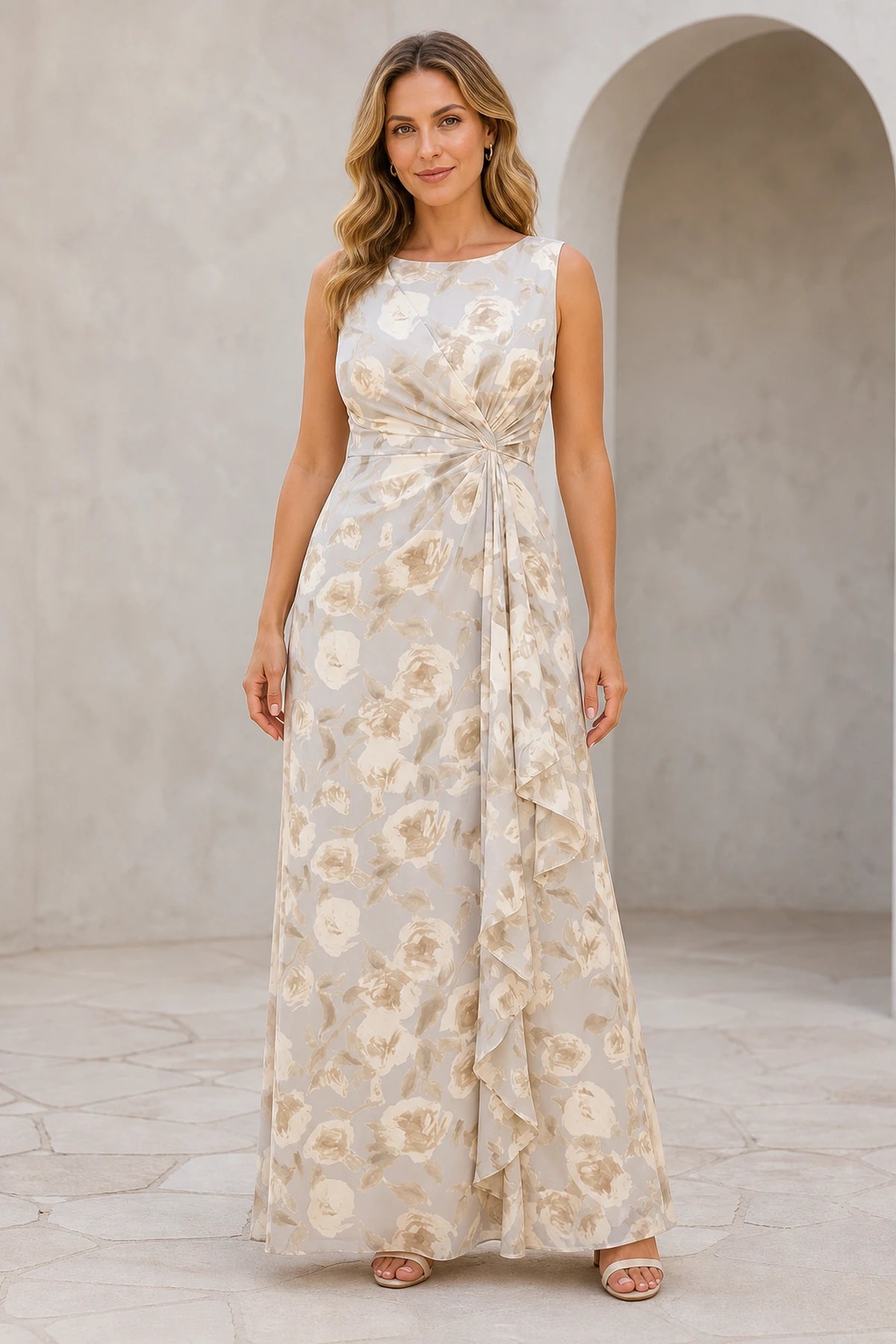 GraceProm floral bateau sleeveless floor-length wedding guest dress with draped waist and cascading side ruffle