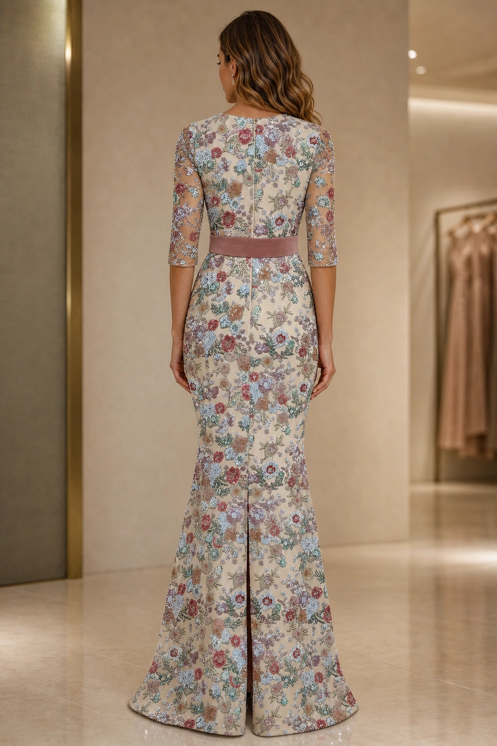 Back view of floral beaded mother of the bride dress with zipper and slit by GraceProm