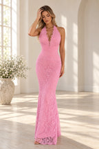 Pink floral lace mermaid evening dress with plunging V neckline, halter straps, ruched waist and floor length skirt by Graceprom