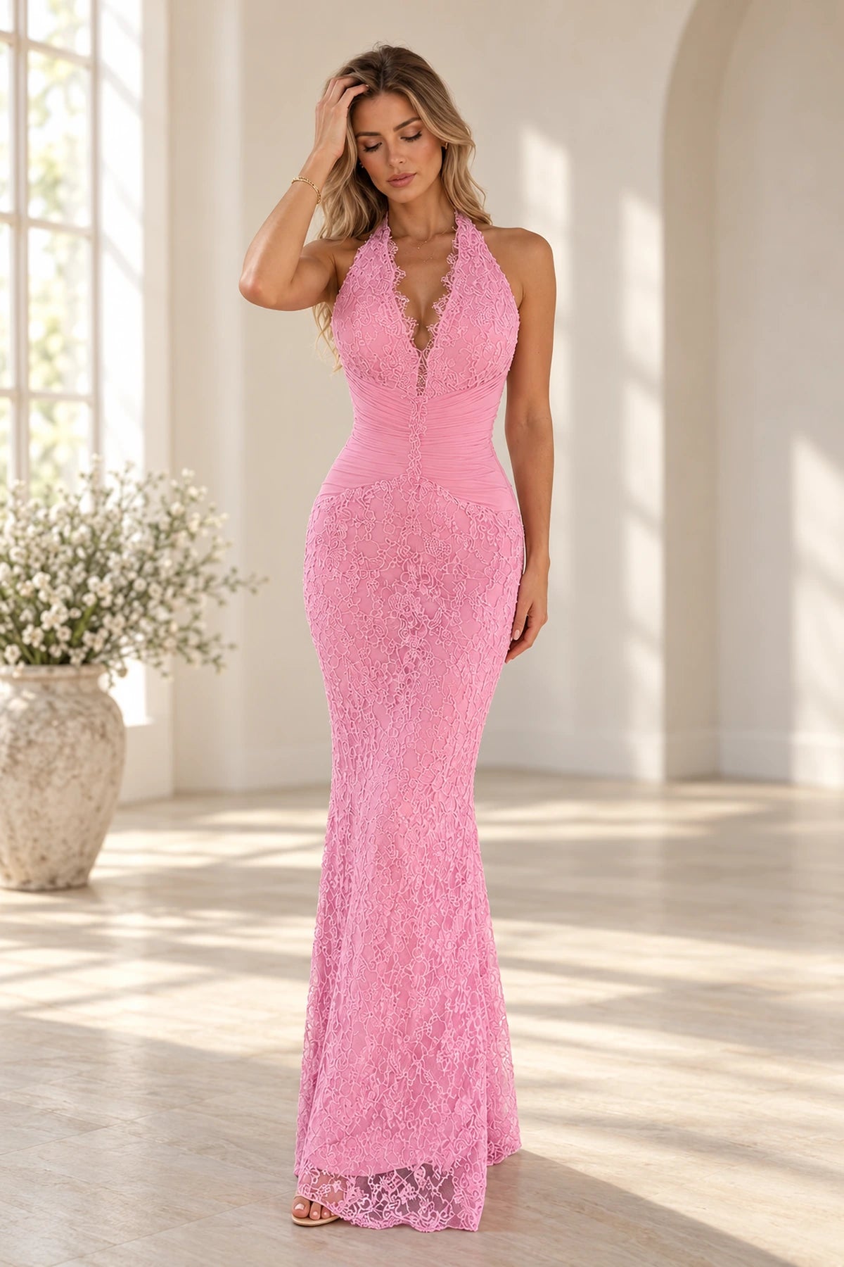 Pink floral lace mermaid evening dress with plunging V neckline, halter straps, ruched waist and floor length skirt by Graceprom