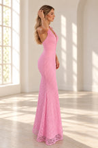 Romantic Floral Lace Mermaid Plunging V Neck Halter Open Back Floor Length Evening Dress
