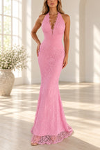 Romantic Floral Lace Mermaid Plunging V Neck Halter Open Back Floor Length Evening Dress