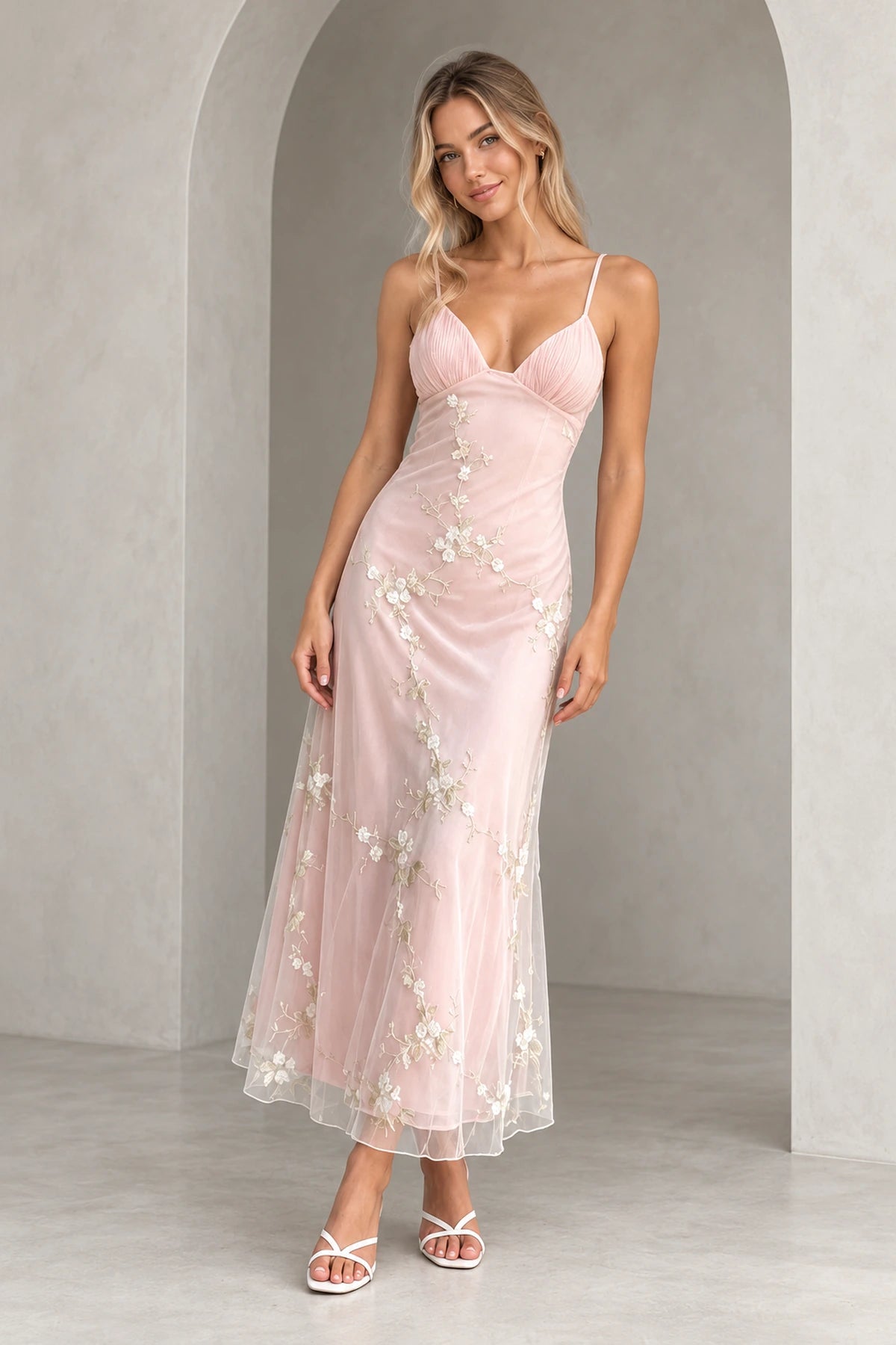 Romantic Embroidered Tulle Sheath V-Neck Sleeveless Low-Back Ankle-Length Wedding Guest Dress