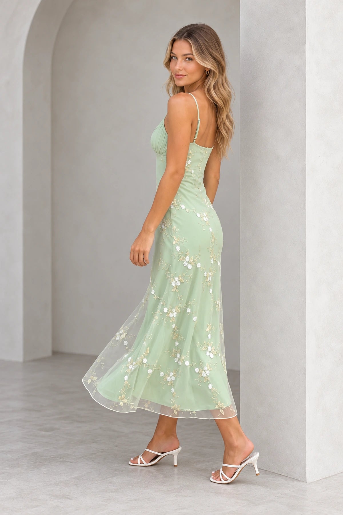 Romantic Embroidered Tulle Sheath V-Neck Sleeveless Low-Back Ankle-Length Wedding Guest Dress