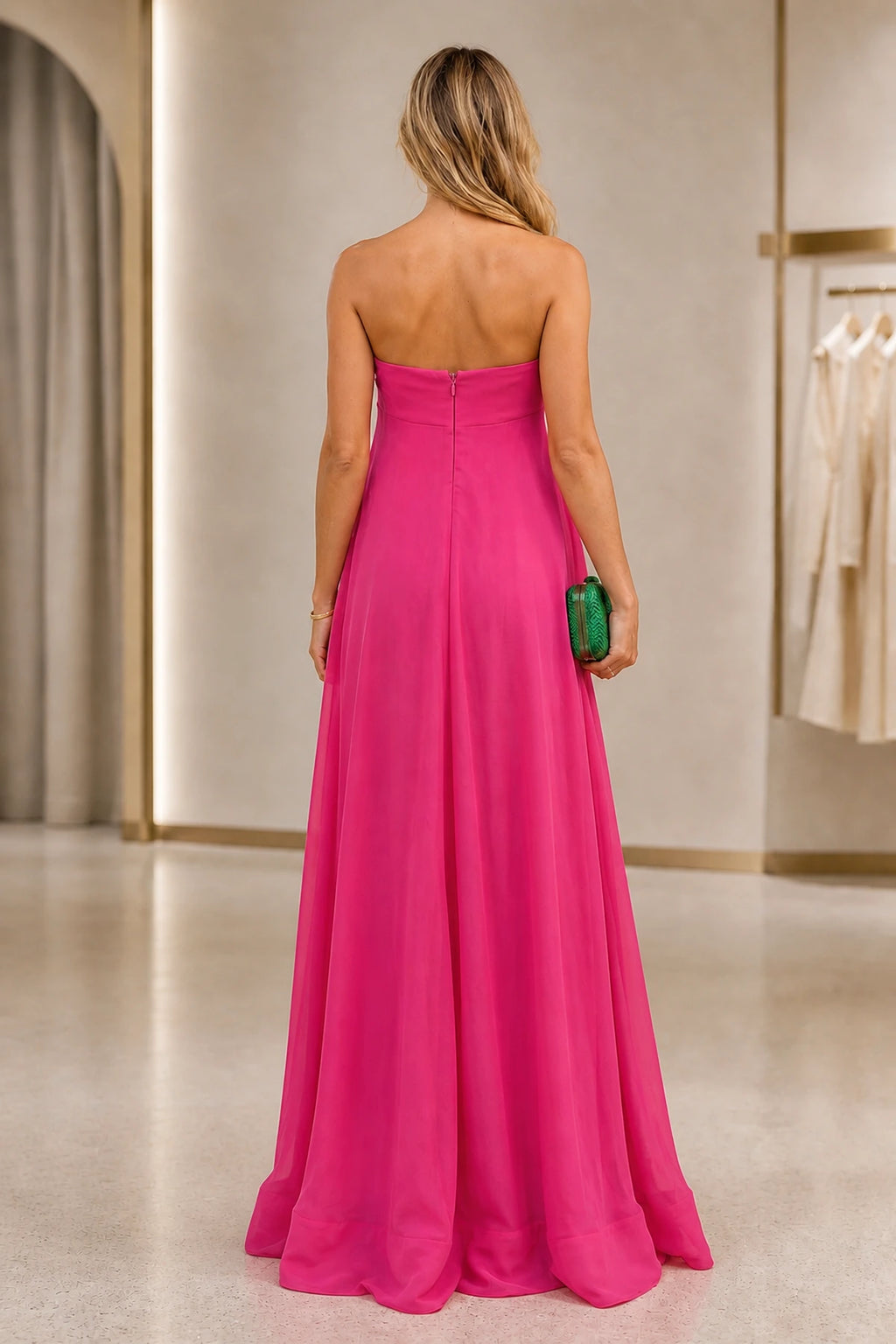Back view of fuchsia wedding guest dress with strapless zipper back and flowing floor-length A-line skirt