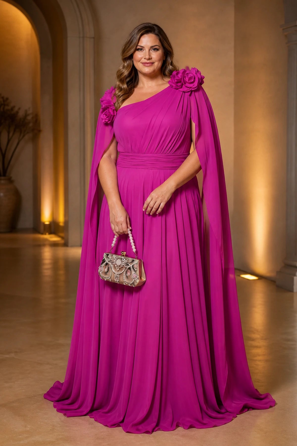 Fuchsia plus size wedding guest dress with cape sleeves and floral applique shoulder details