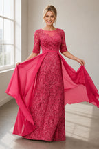 Regal Sheath Illusion Neck Elbow-Sleeve Floor-Length Mother of the Bride Dress