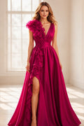 GraceProm fuchsia deep V neck floral ruffle A-line wedding guest dress