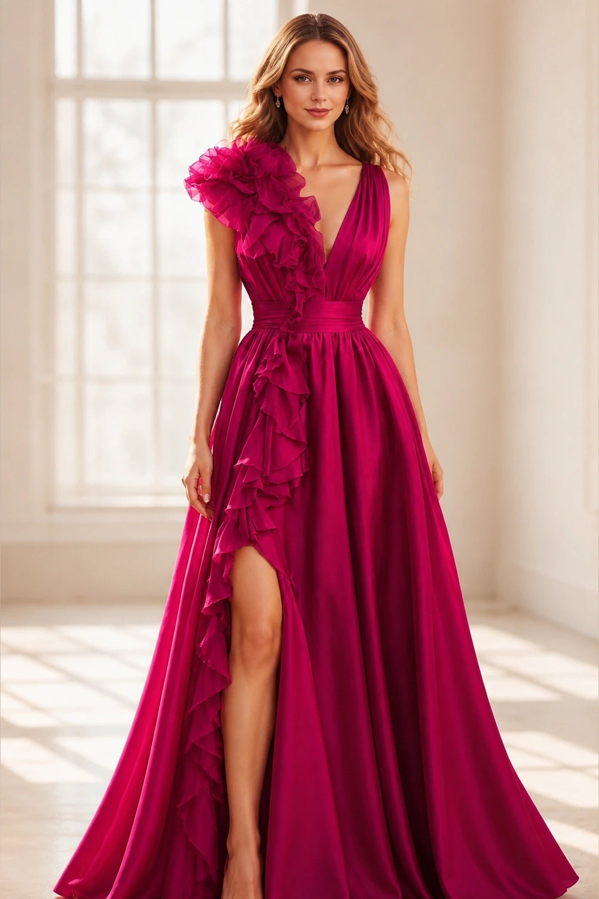 GraceProm fuchsia deep V neck floral ruffle A-line wedding guest dress