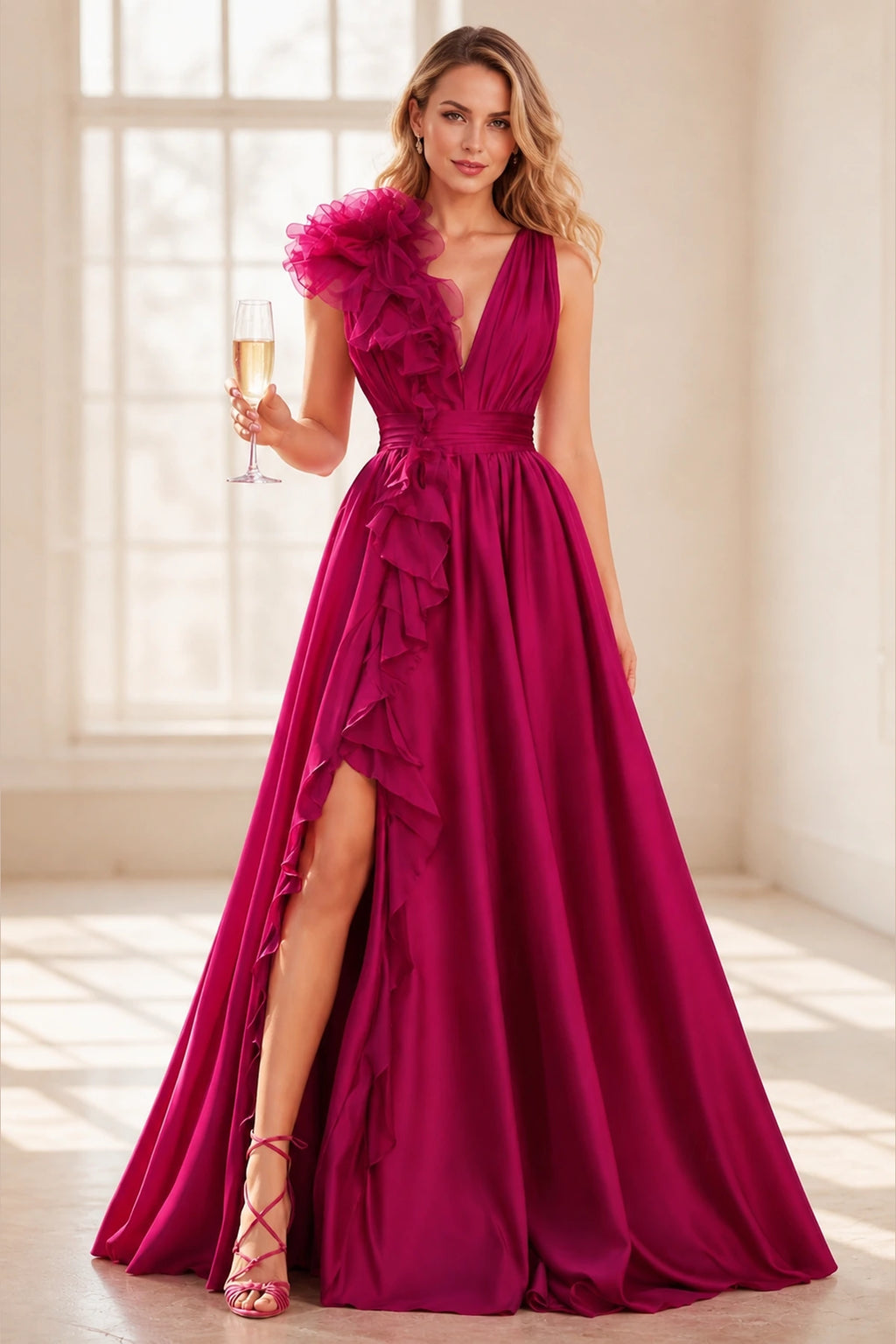 Romantic A-Line Deep V Neck Sleeveless V-Back Floor-Length Wedding Guest Dress