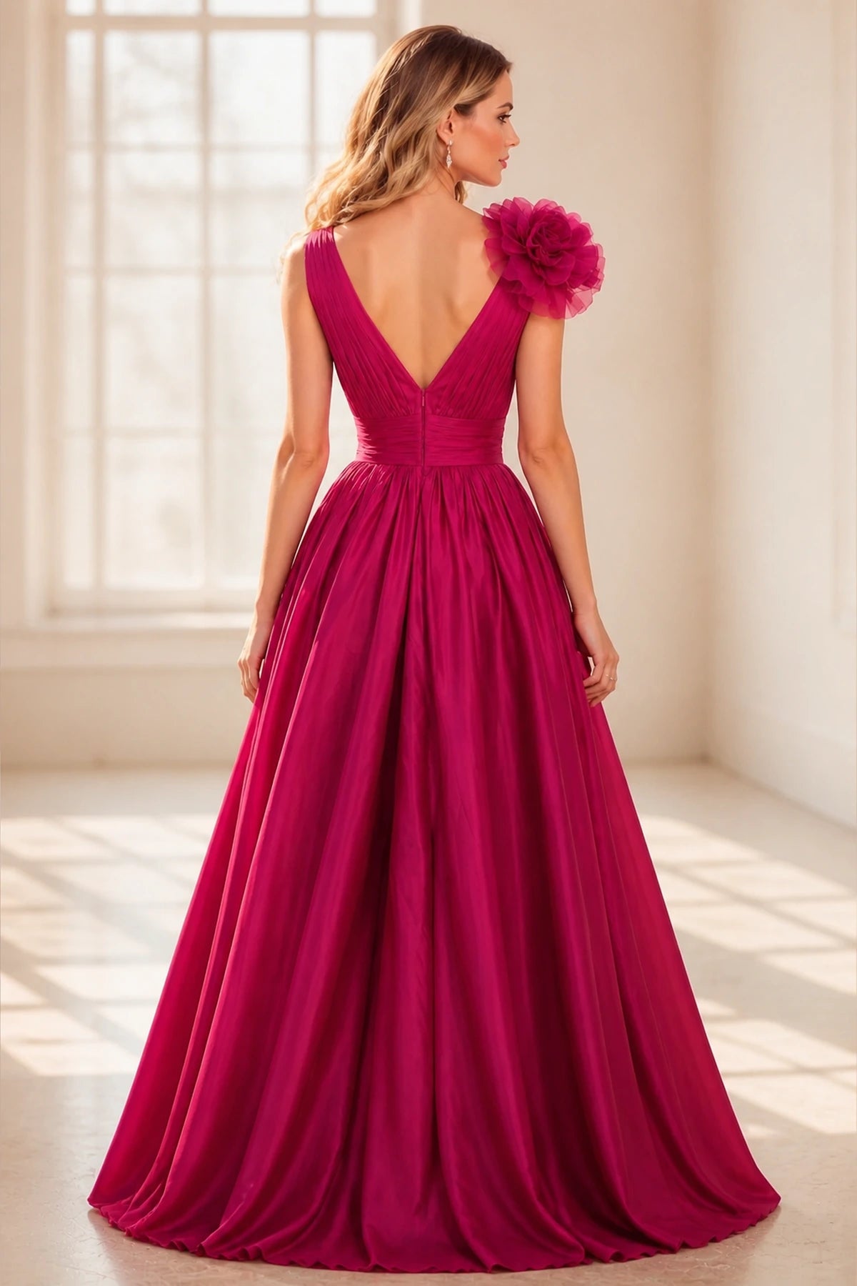 Back view of GraceProm fuchsia deep V-back floor-length wedding guest dress