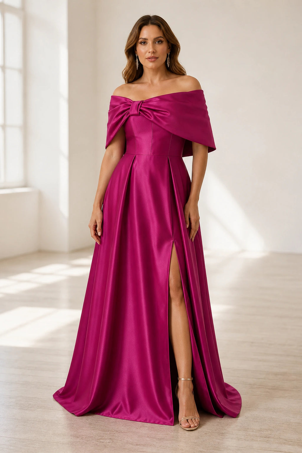 Fuchsia off shoulder bow A-line floor length wedding guest dress with front slit