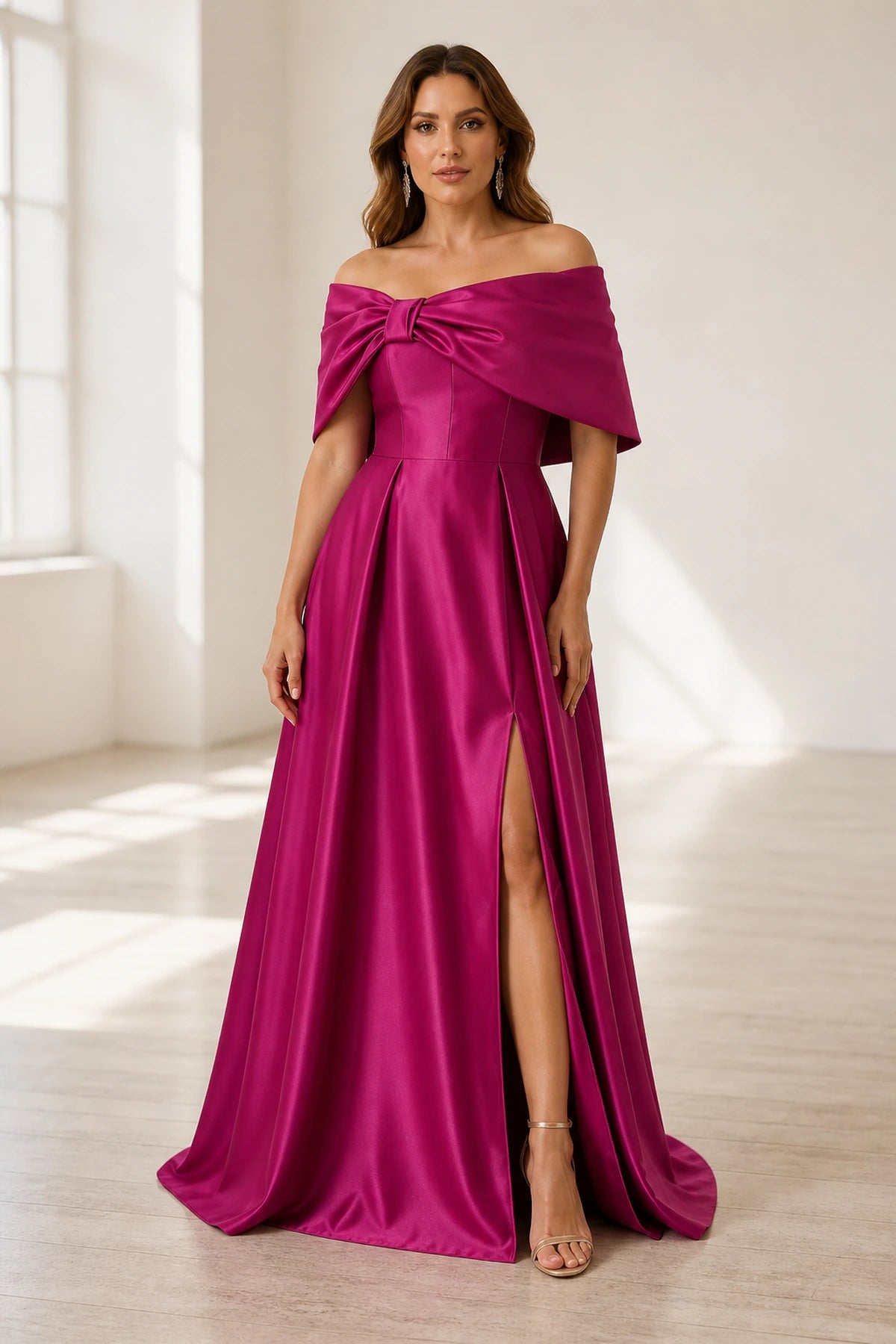 Fuchsia off shoulder bow A-line floor length wedding guest dress with front slit