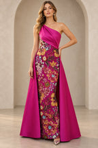 Fuchsia Mother of the Bride Dress with one-shoulder neckline, floral embroidery and dramatic floor-length overskirt