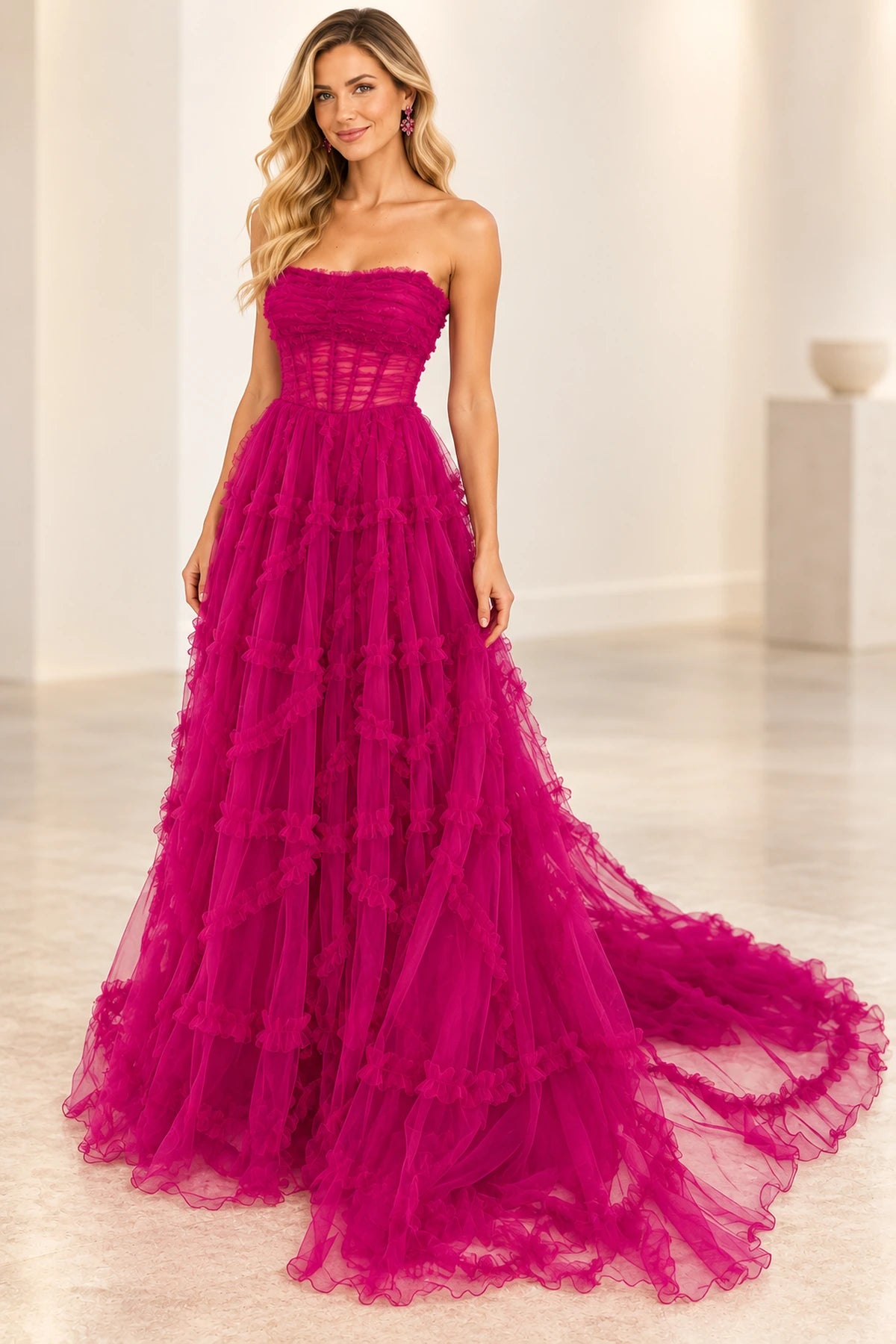 Romantic Tulle A-Line Straight-Neck Off-Shoulder Puff-Sleeve Floor-Length Prom Dress