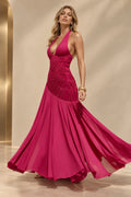 Fuchsia pink halter neck ruched A line maxi evening dress