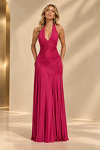 Radiant A Line Halter Neck Sleeveless Ruched Maxi Evening Dress