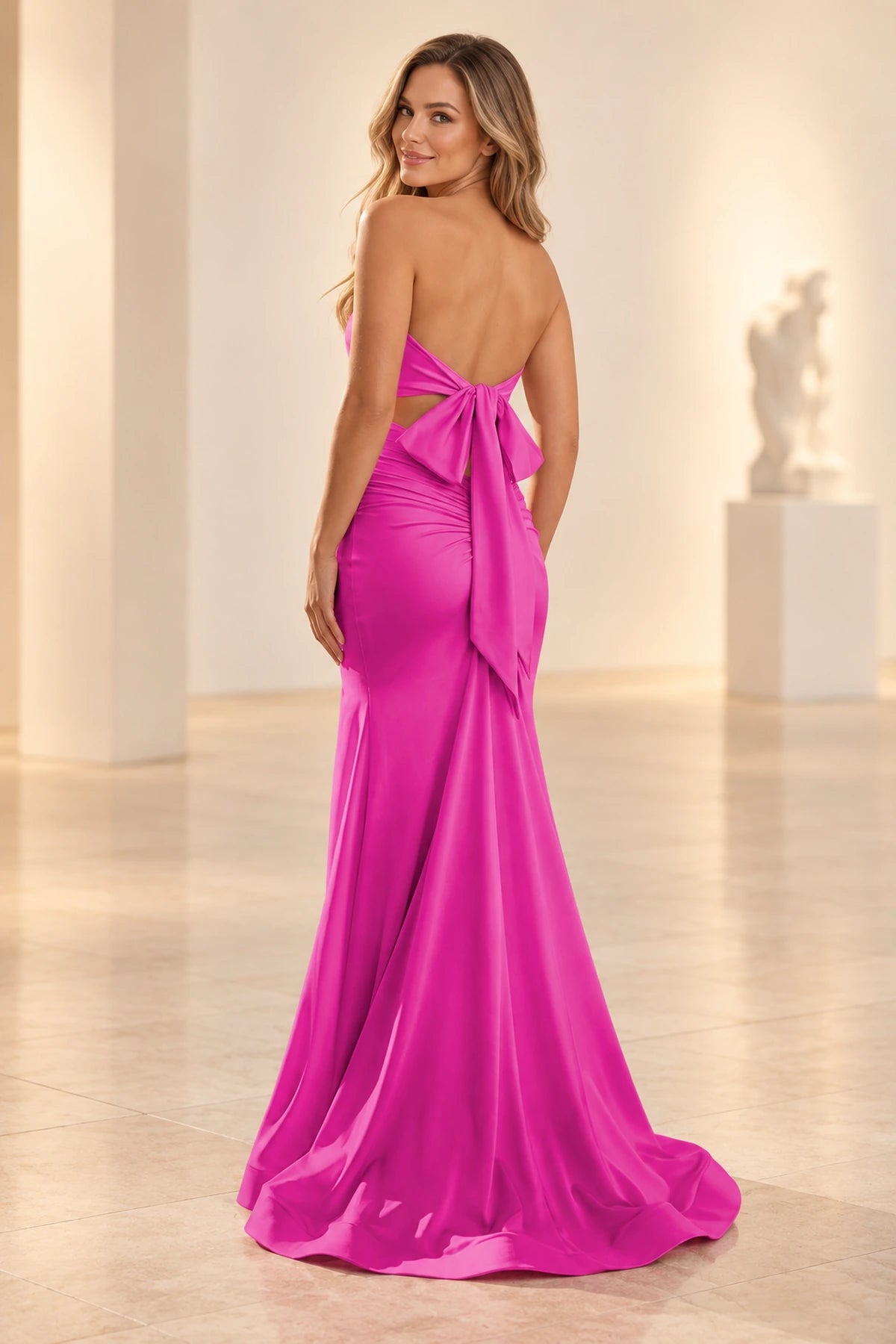 Back view of fuchsia satin prom dress featuring an open-back cutout, oversized bow tie, long flowing ribbons, ruched waist, and flared floor-length skirt.