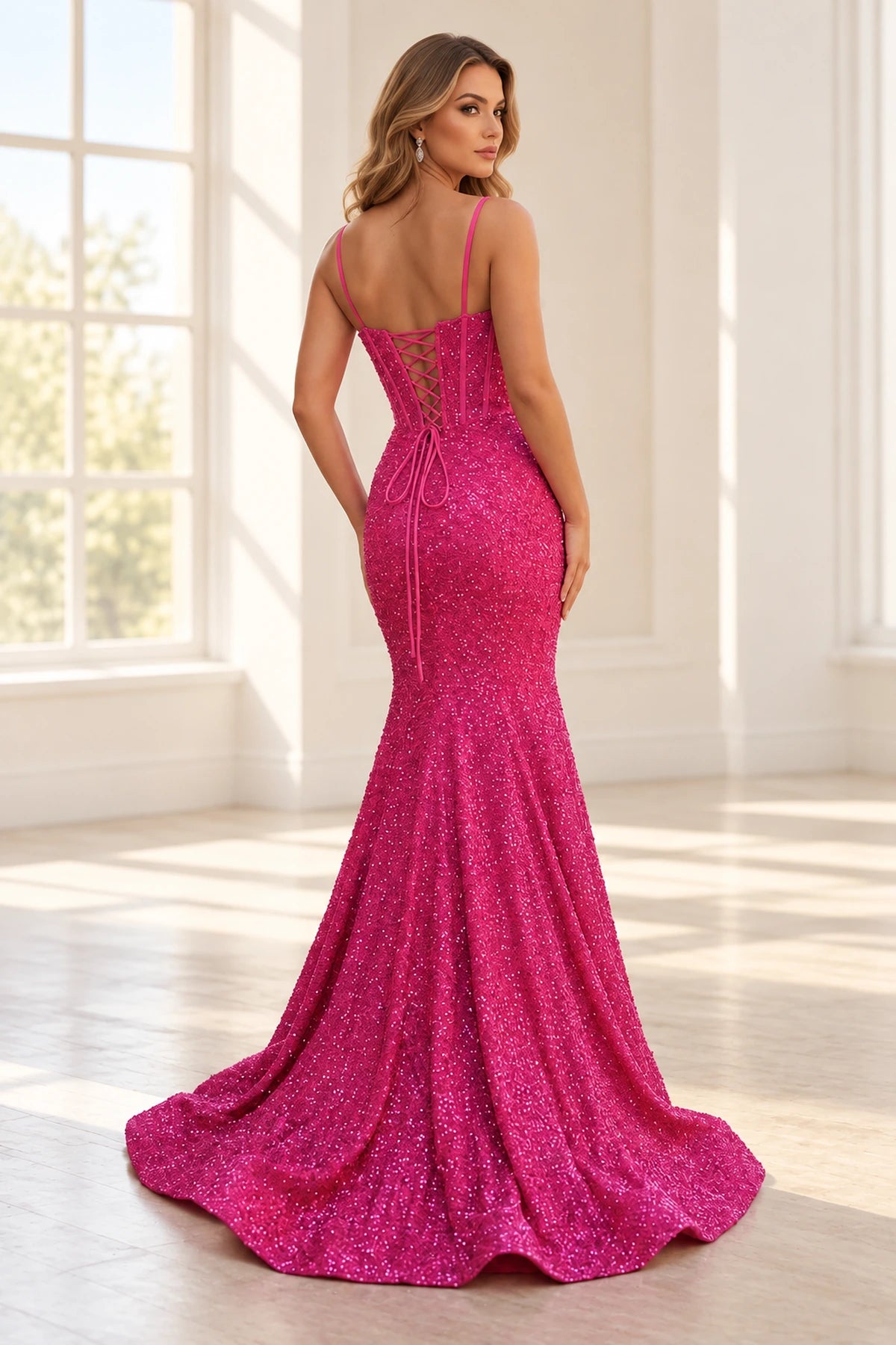 Back view of fuchsia sequin mermaid prom dress featuring spaghetti straps, adjustable lace-up corset closure and sweeping train.