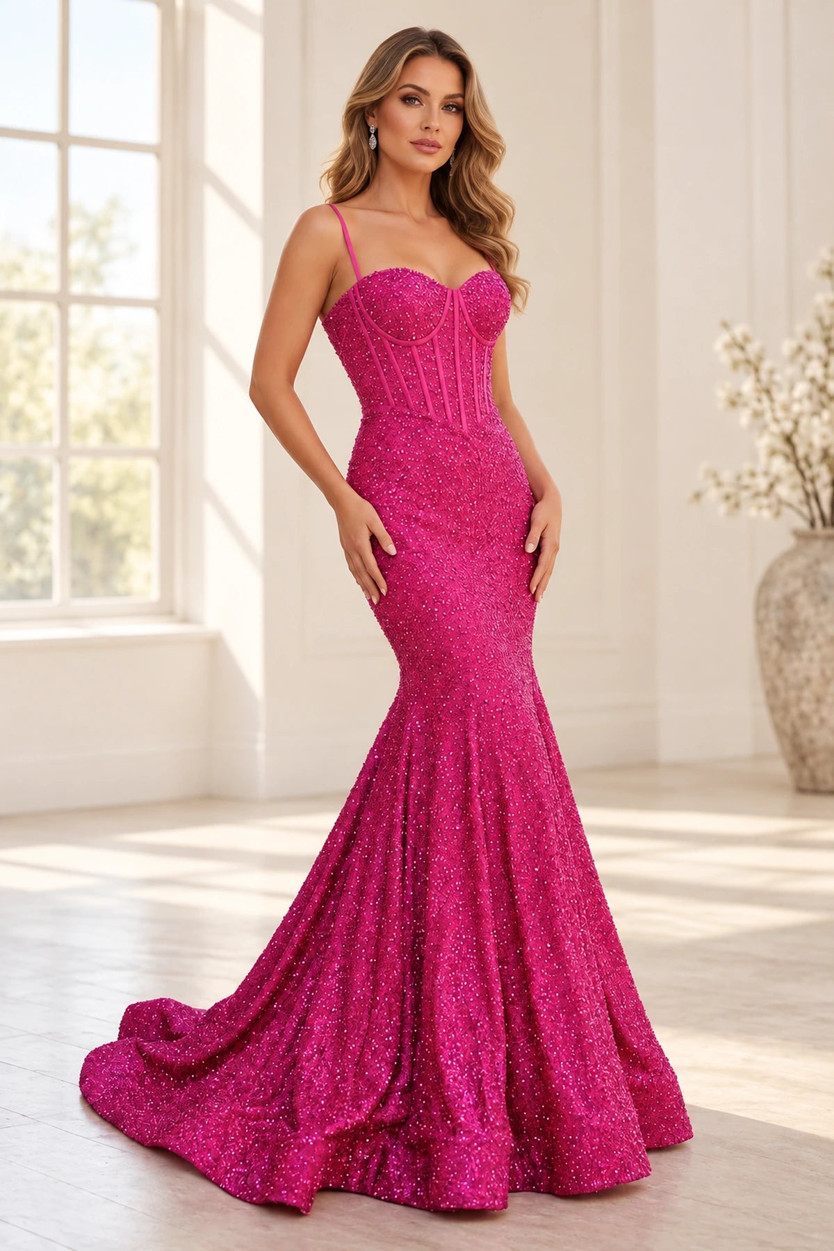 Fuchsia sequin mermaid prom dress with sweetheart neckline, spaghetti straps, structured corset bodice and flared floor-length skirt.