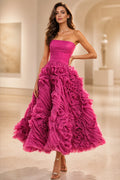 GraceProm fuchsia strapless A-line ruffled midi wedding guest dress