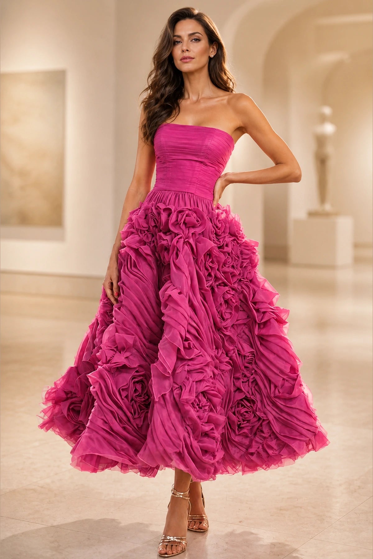 GraceProm fuchsia strapless A-line ruffled midi wedding guest dress