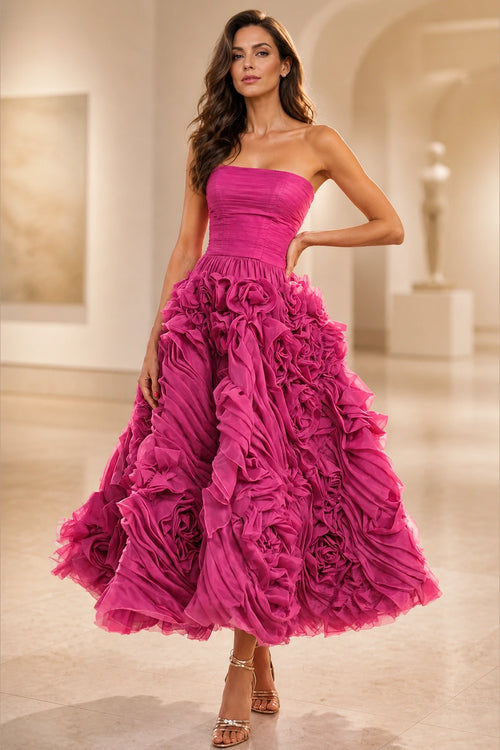 GraceProm fuchsia strapless A-line ruffled midi wedding guest dress
