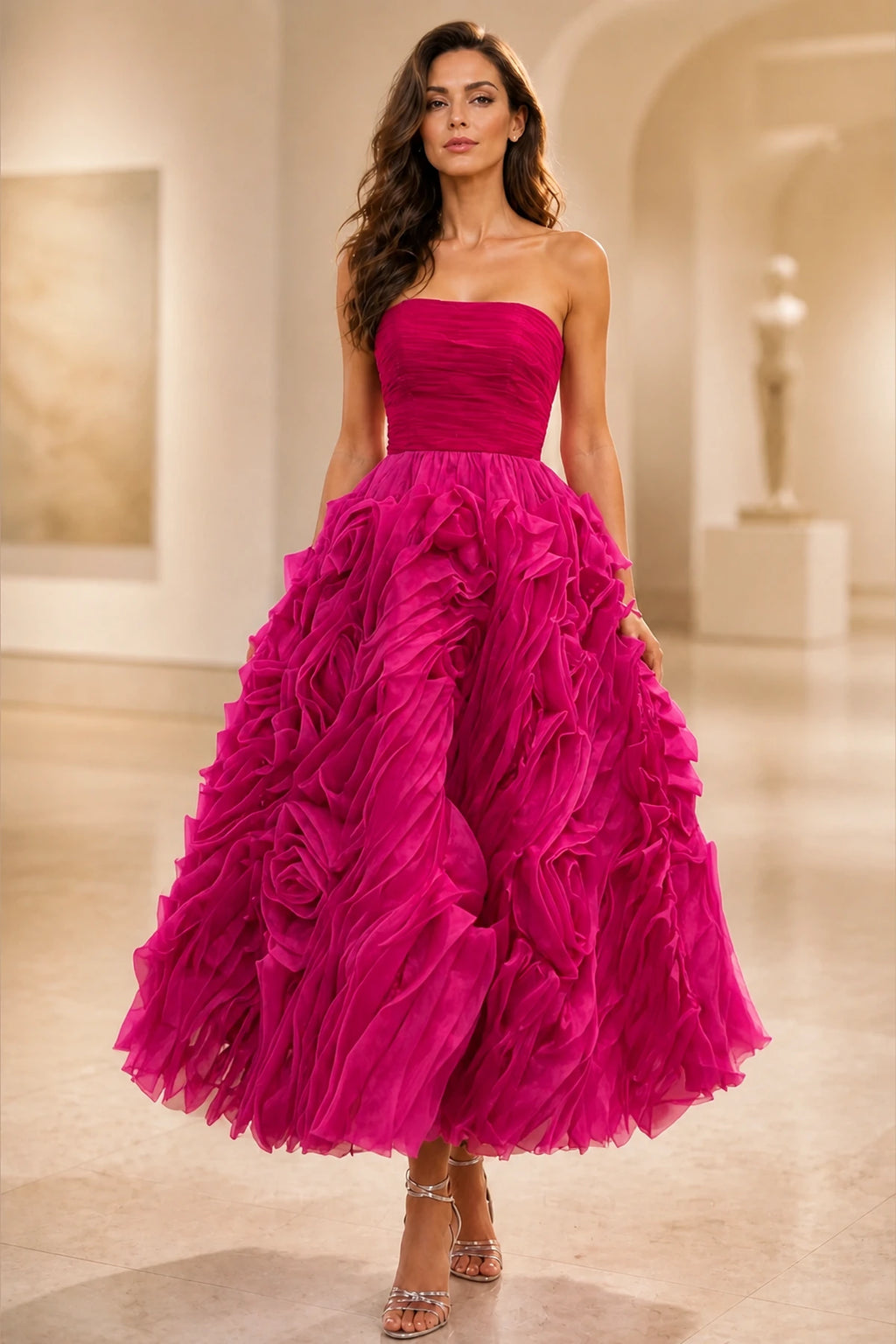 Dramatic A-Line Strapless Lace-Up Ruffled Midi Wedding Guest Dress