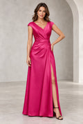 Fuchsia Mother of the Bride Dress with V-neck, cap sleeves, ruched waist, front slit and floor-length skirt