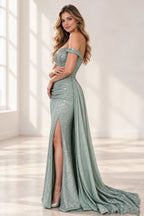 Sage green sequin mermaid prom dress side view featuring off-the-shoulder sleeves, fitted sparkling corset, high slit, ruched waist and flowing side train