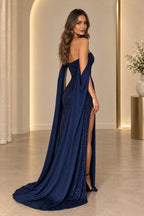 Glamorous Sequin Mermaid Strapless Cape Sleeve Zipper Back Long Prom Dress