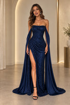Glamorous Sequin Mermaid Strapless Cape Sleeve Zipper Back Long Prom Dress
