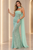 Glamorous Sequin Mermaid Strapless Sleeveless Cape Back Long Prom Dress