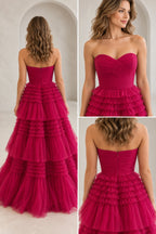 Glamorous Glitter Tulle A-Line Straight Neck Strapless Zipper Back Floor Length Prom Dress
