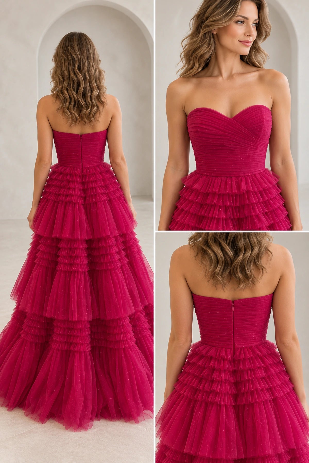 Glamorous Glitter Tulle A-Line Straight Neck Strapless Zipper Back Floor Length Prom Dress