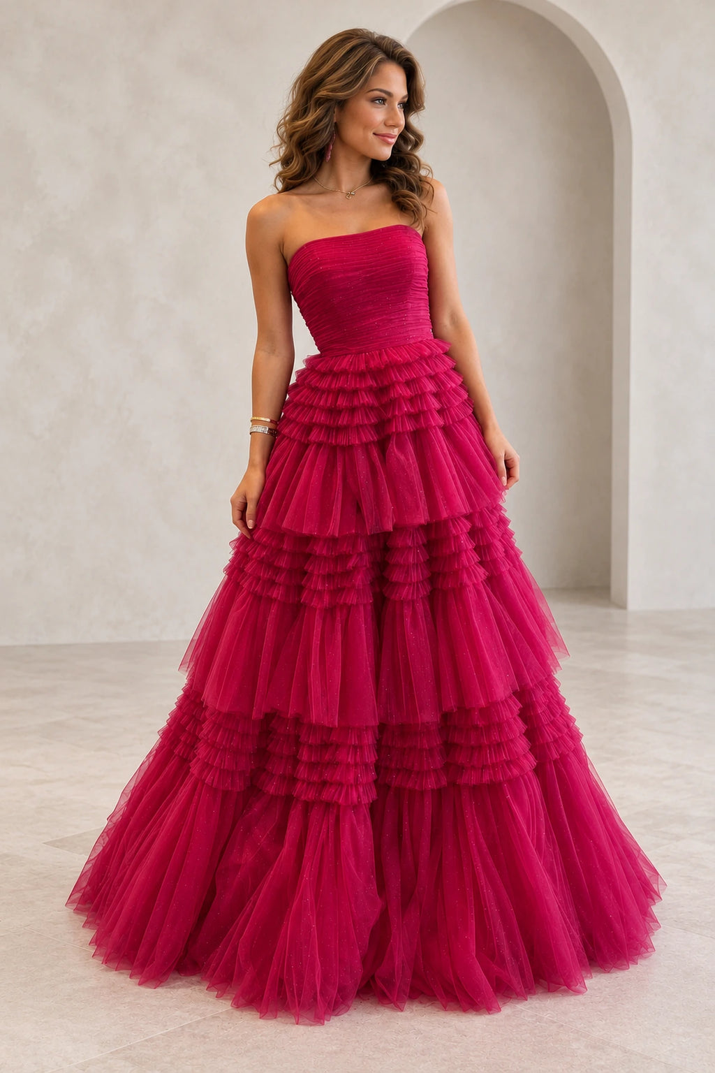 Glamorous Glitter Tulle A-Line Straight Neck Strapless Zipper Back Floor Length Prom Dress