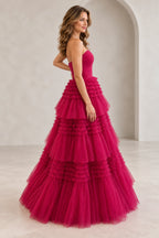 Glamorous Glitter Tulle A-Line Straight Neck Strapless Zipper Back Floor Length Prom Dress